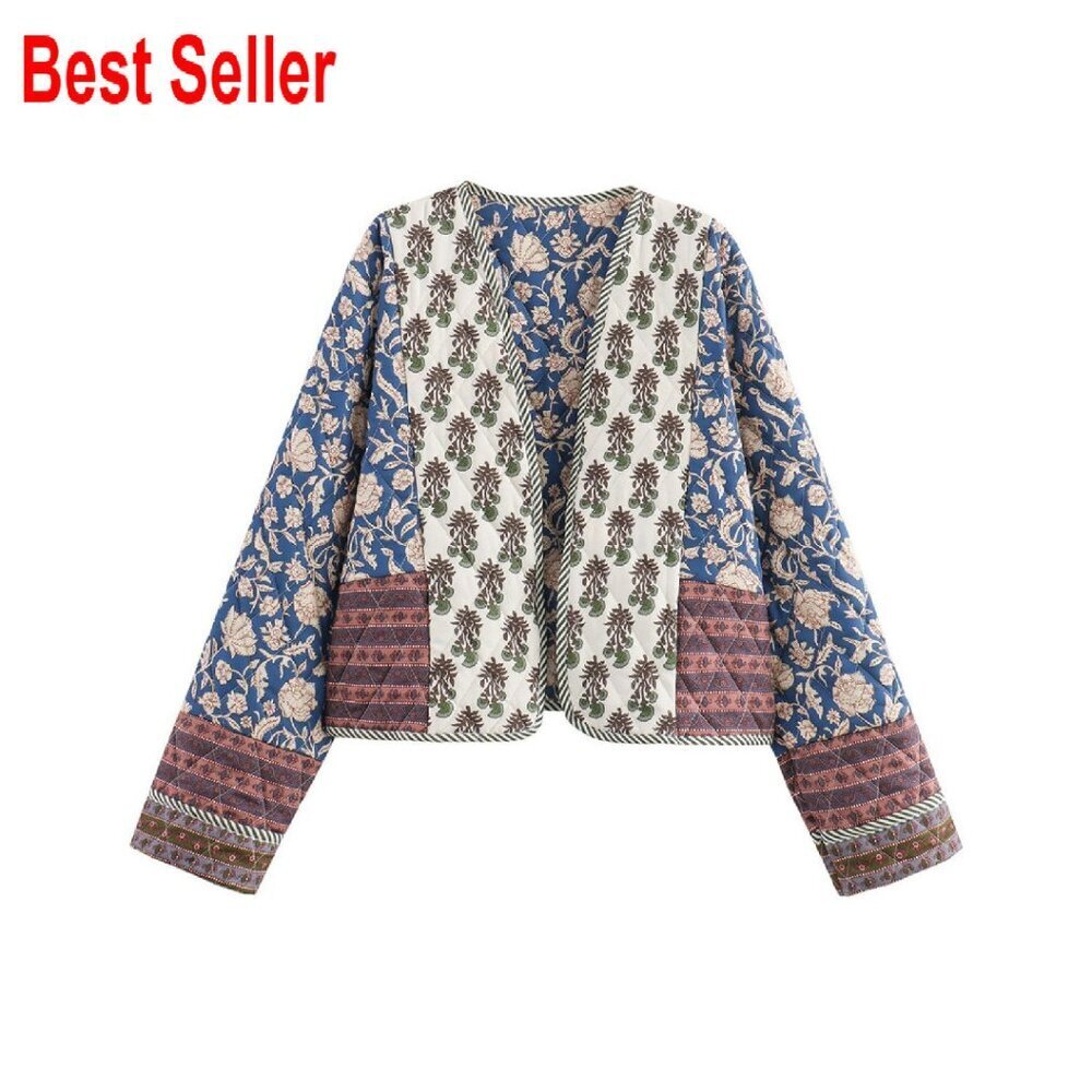 Cropped Puffer Jacket Cardigan Quilted Lightweight Open Front Boho Floral
